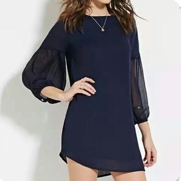 Navy shift dress with sheer peasant sleeves size medium - Picture 2 of 6